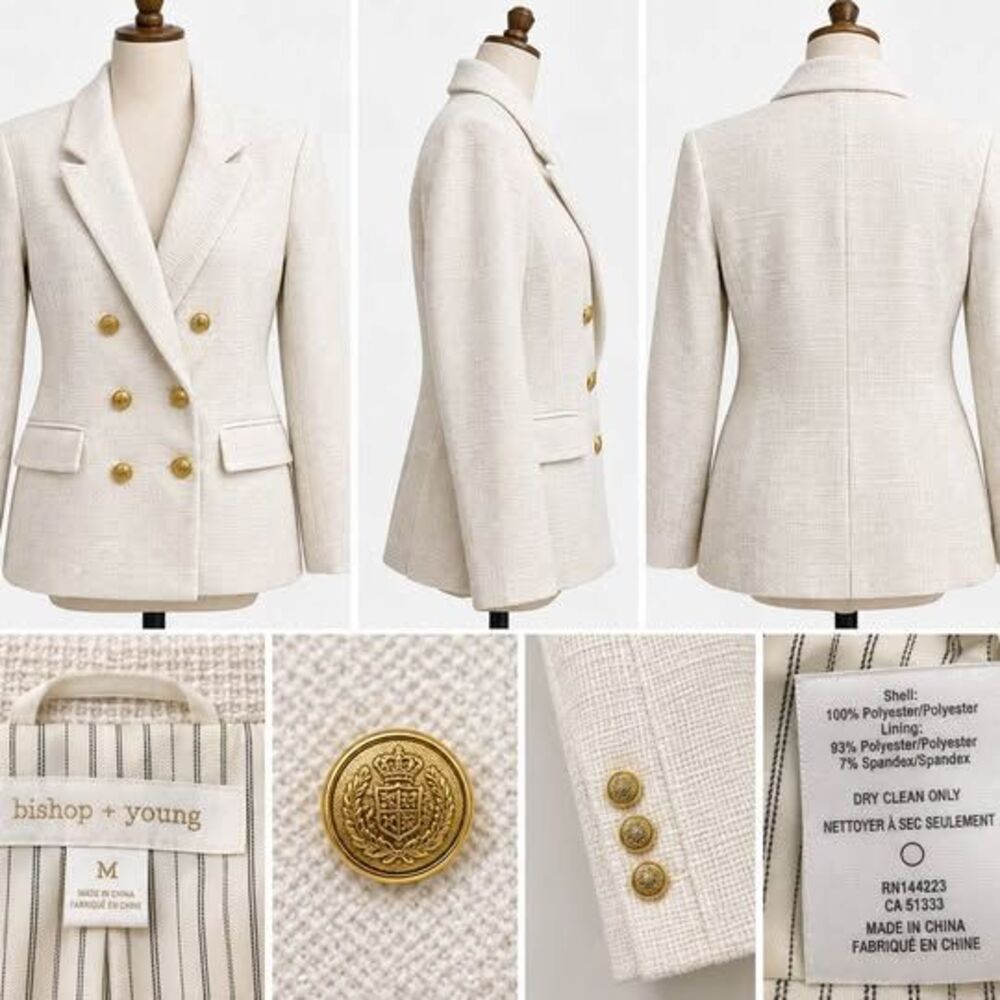 Bishop + Young Ivory Textured Double Breasted Blazer M Gold Buttons